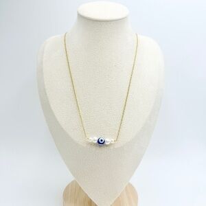Gold Tone Chain Necklace with Evil Eye and Faux Pearl Beads